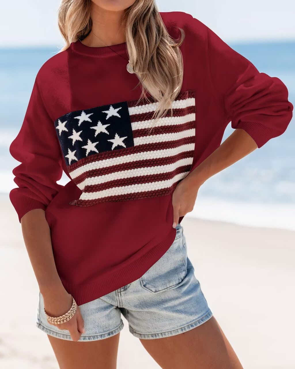 BONITEE Women American Flag Sweater Long Sleeve Crewneck Graphic USA Sweatshirt Loose Fit Knit Pullover