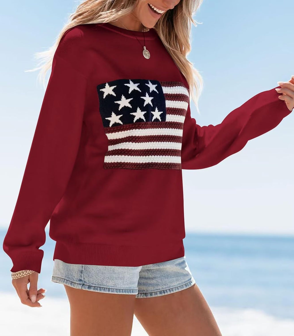 BONITEE Women American Flag Sweater Long Sleeve Crewneck Graphic USA Sweatshirt Loose Fit Knit Pullover