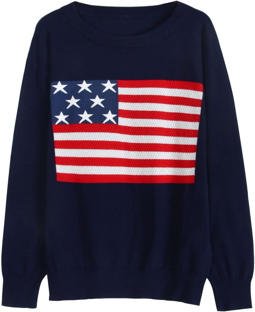 Womens American Flag Sweater, Long Sleeve Crewneck Colorblock Striped Pullover with Drop Shoulder - Casual Knitted Sweaters