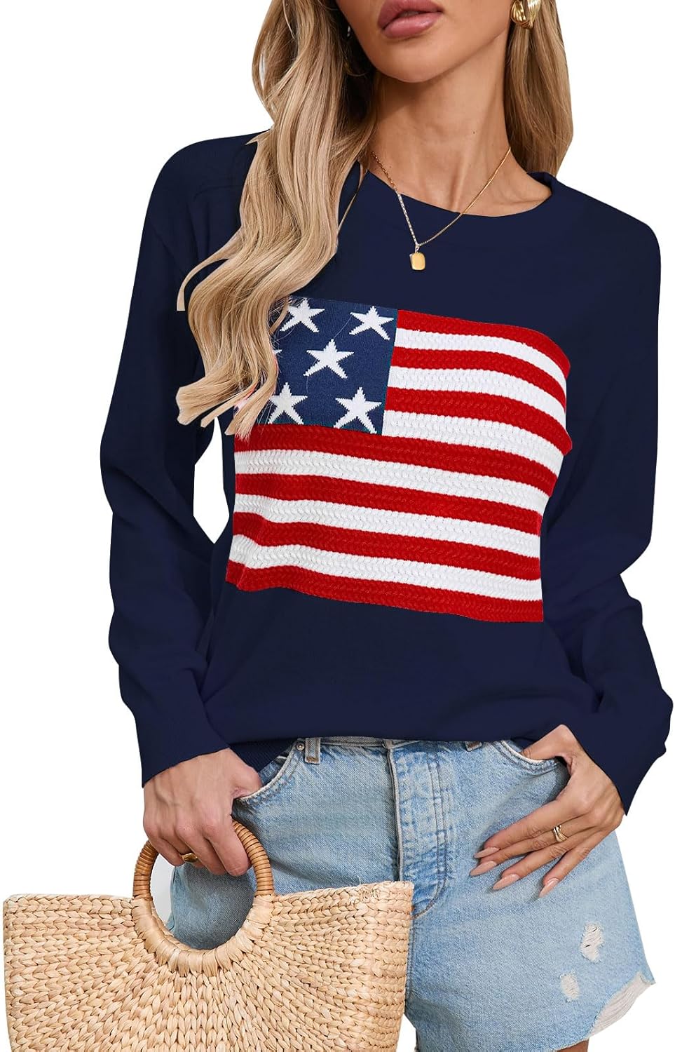 Womens American Flag Sweater, Long Sleeve Crewneck Colorblock Striped Pullover with Drop Shoulder - Casual Knitted Sweaters