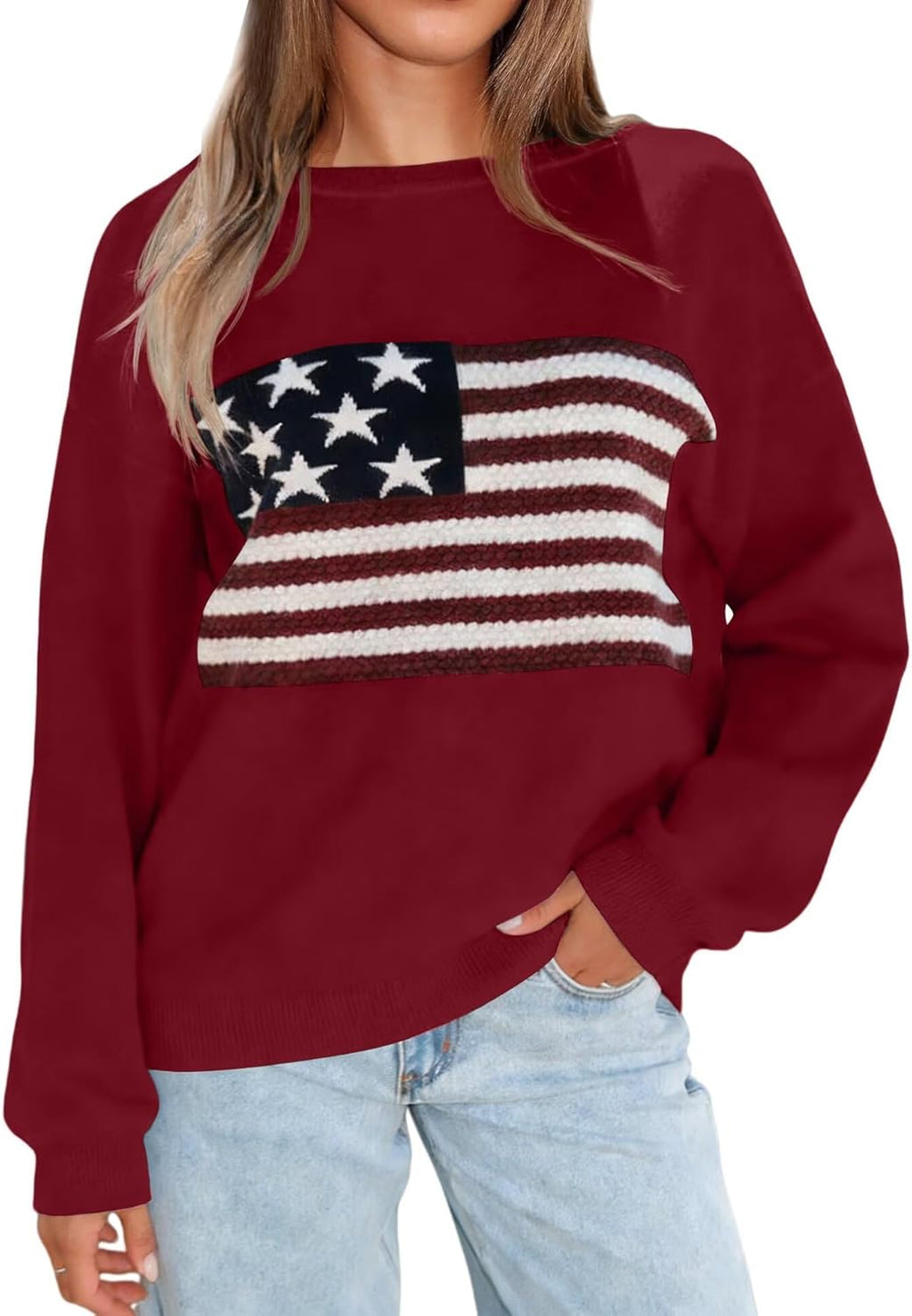 BONITEE Women American Flag Sweater Long Sleeve Crewneck Graphic USA Sweatshirt Loose Fit Knit Pullover