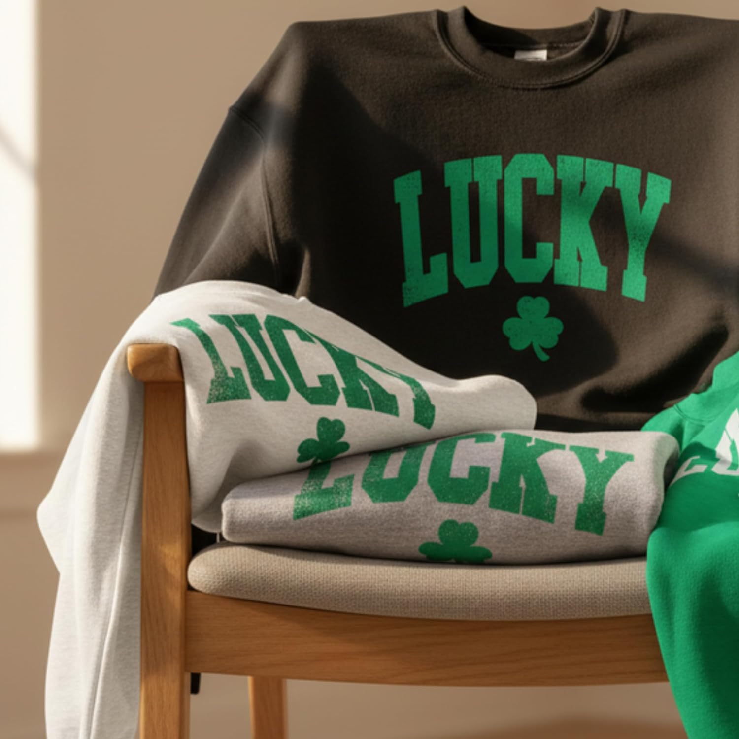 Lucky Shamrock Sweatshirt for Women, St. Patrick's Day, Lightweight Cotton Blend, Relaxed Classic Fit, Distressed Print