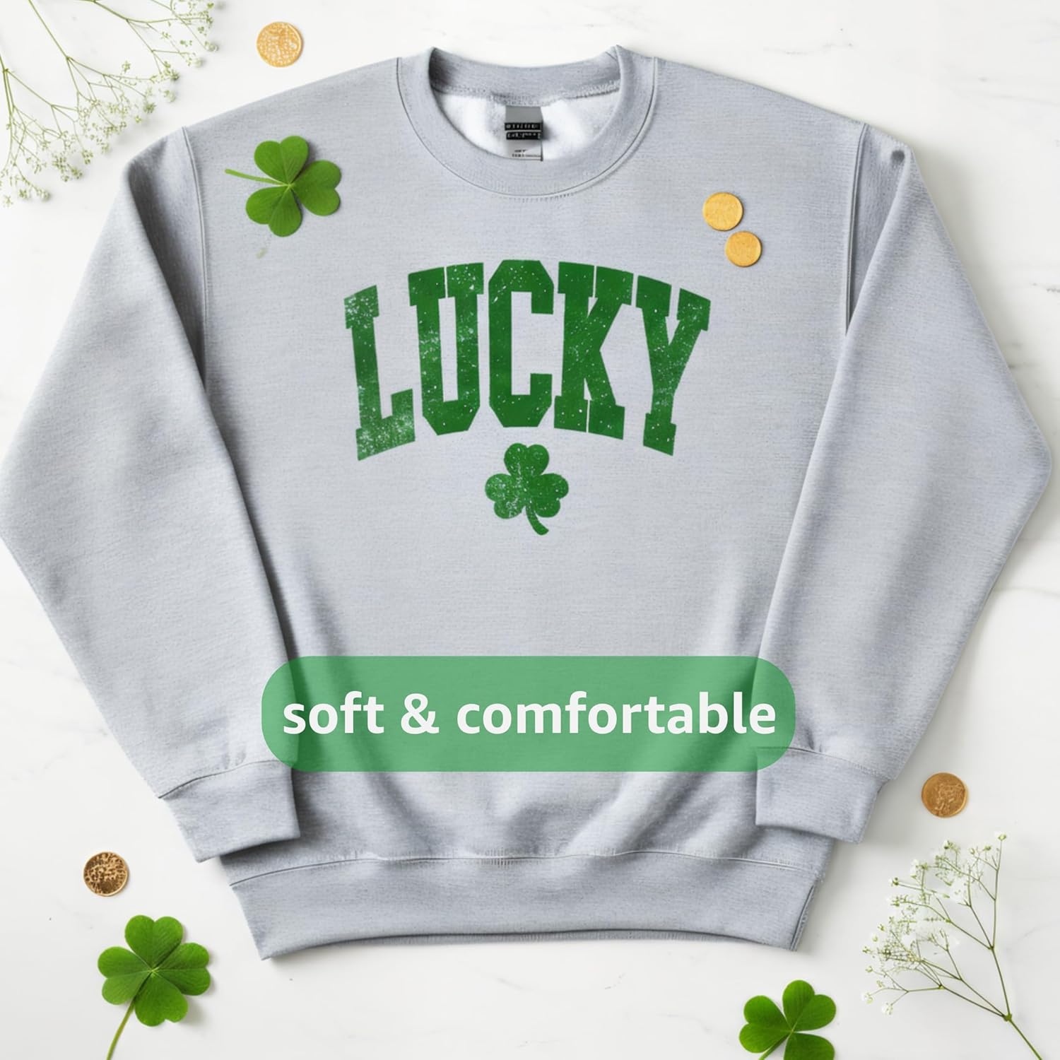 Lucky Shamrock Sweatshirt for Women, St. Patrick's Day, Lightweight Cotton Blend, Relaxed Classic Fit, Distressed Print